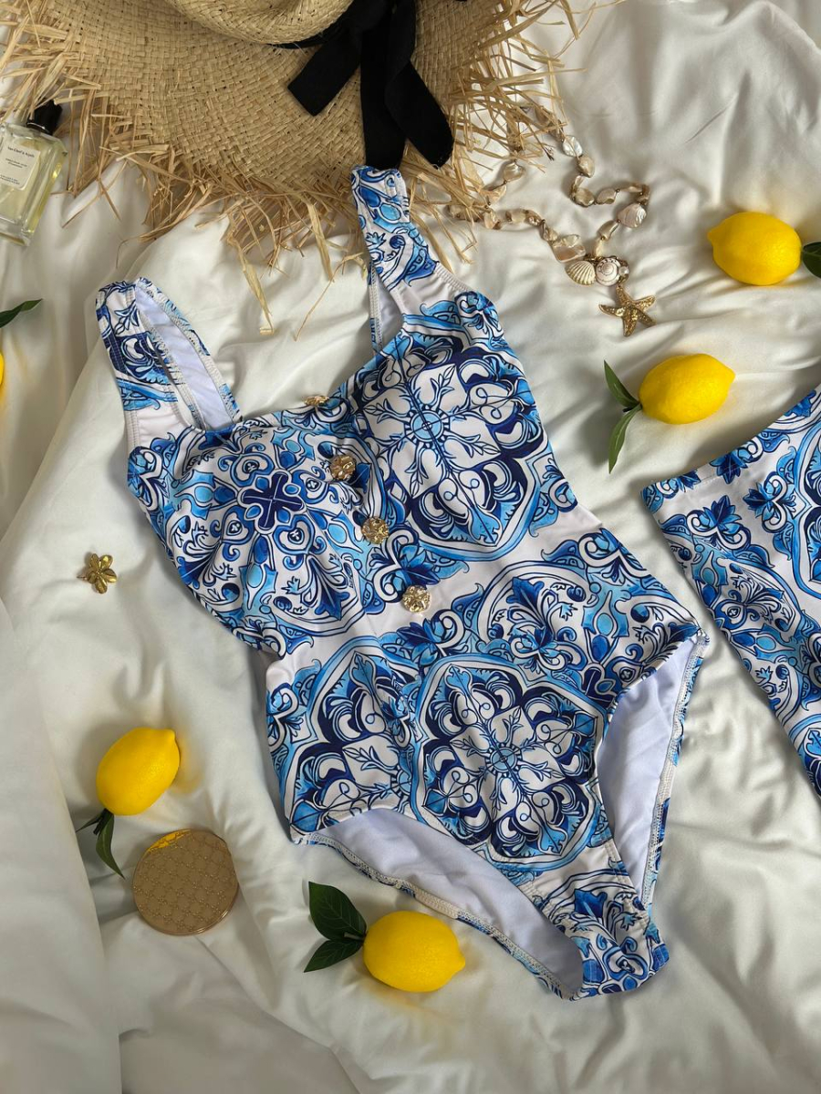 Суцільний блакитний купальник з спідничкою