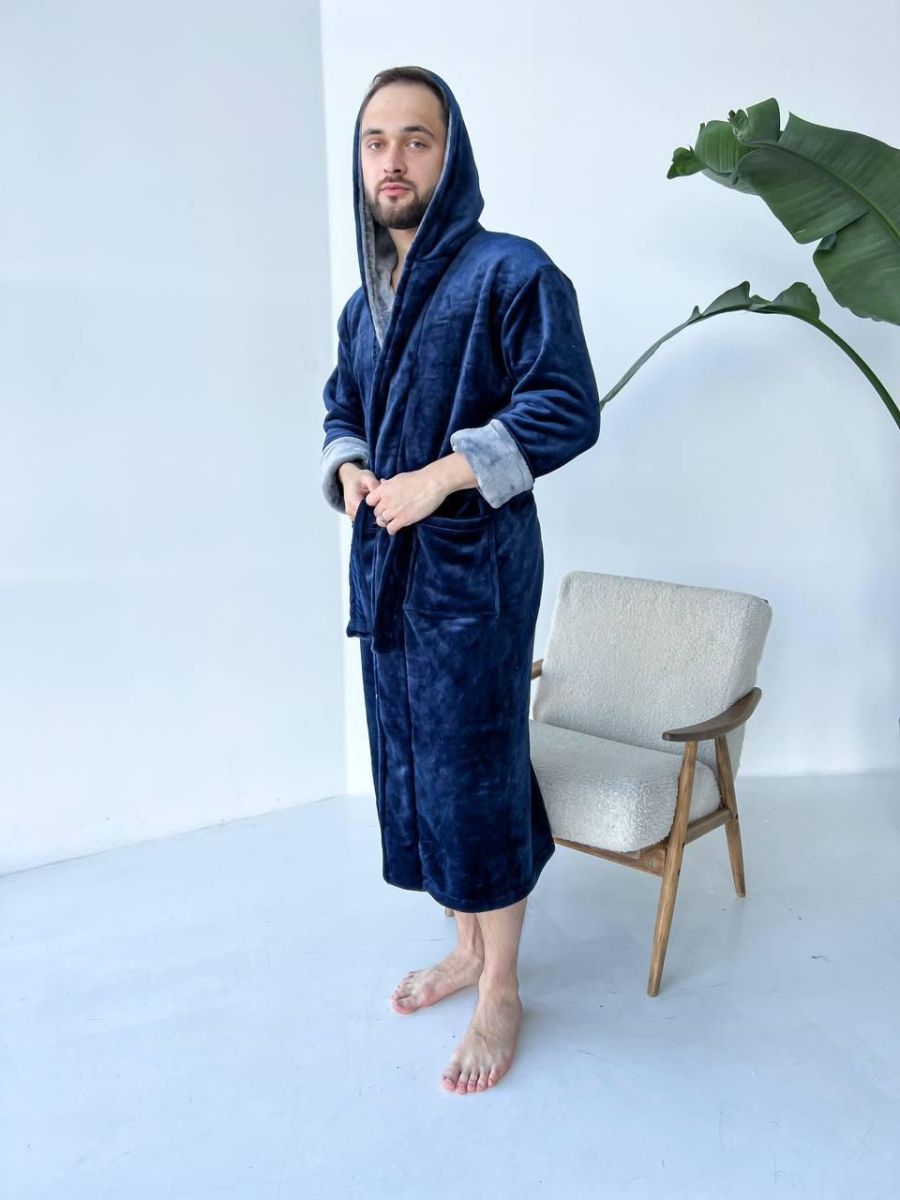 Теплий синій чоловічий махровий халат