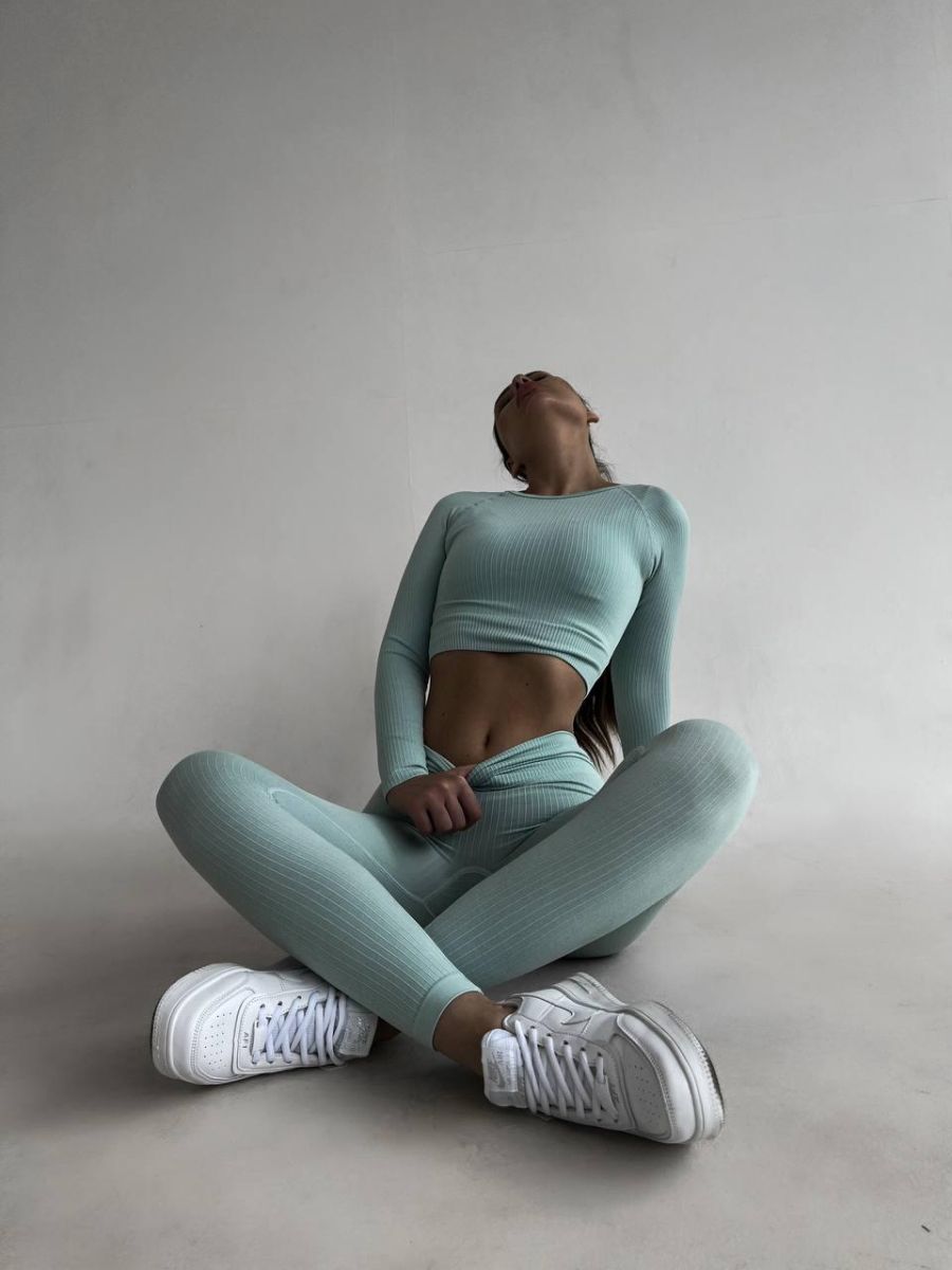 Ефектний фітнес костюм рубчик бірюзовий 3в1: лосини+топ+рашгард